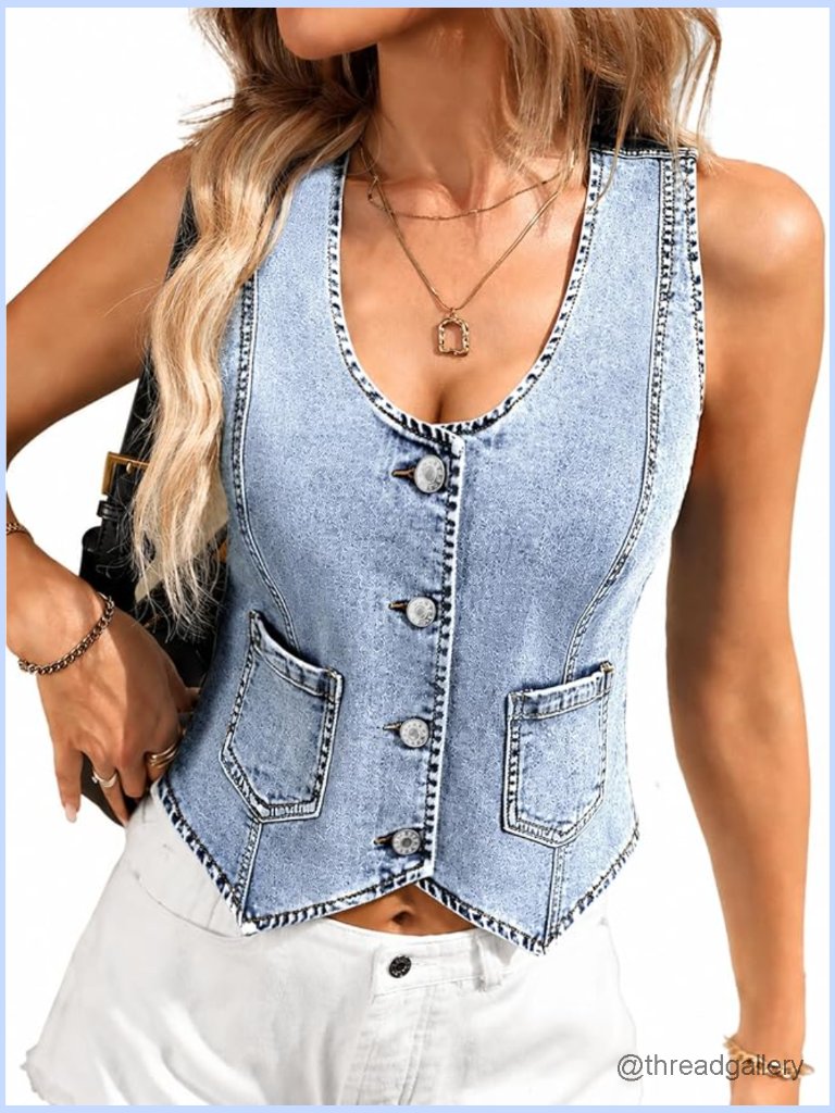 High Stretch V-Neck Denim Vest Women Sleeveless Western Jean Top